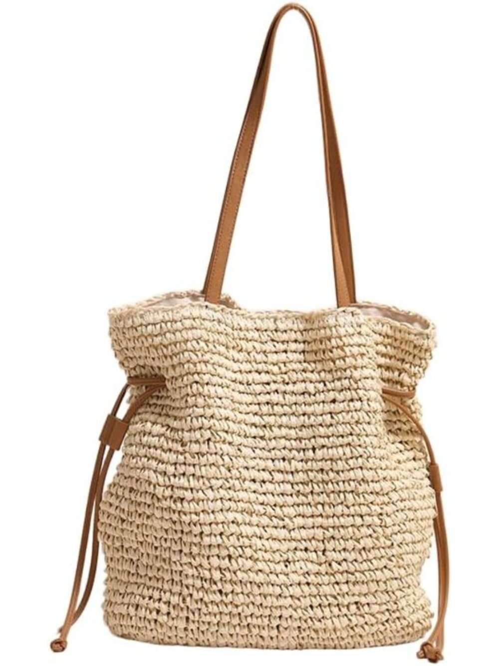 Trendy Women's Boho Crochet Straw Woven Beach Tote Bag - Large Handmade Shoulder